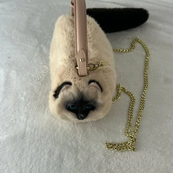 Plush Cat Crossbody Bag - Cream and Black - Picture 4 of 8